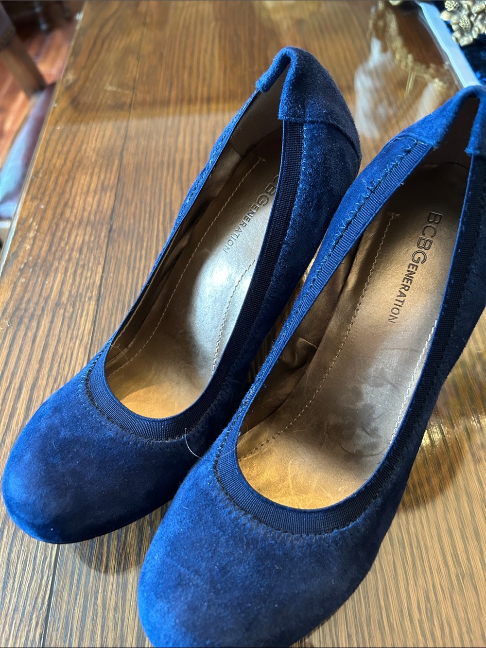 BCBGeneration Navy Blue Suede Round-Toe Pumps